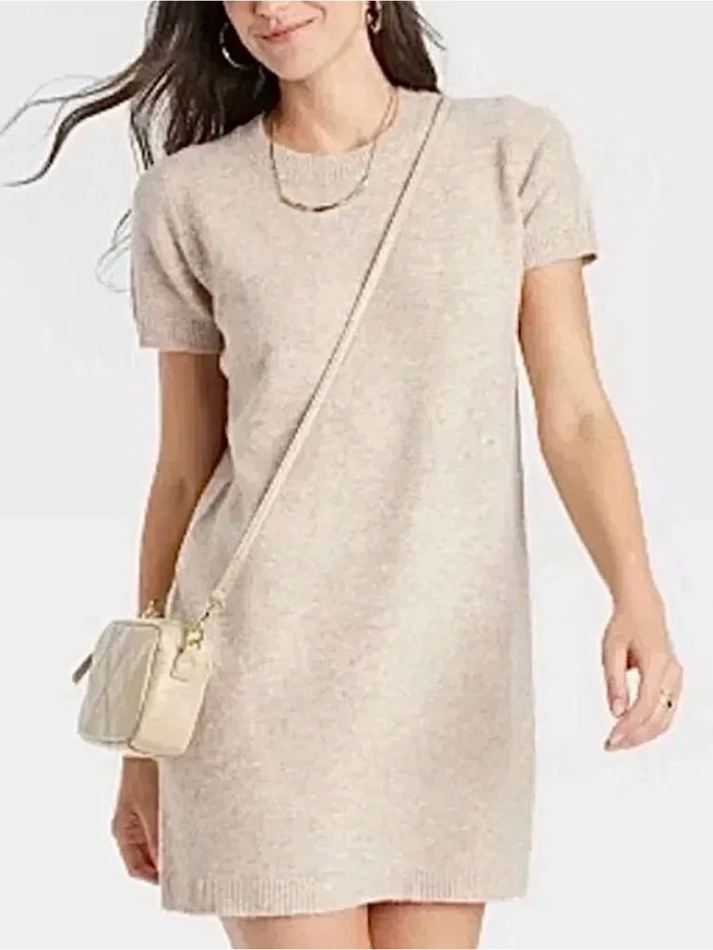 a new day Beige Short Sleeve Knit Shift Dress
